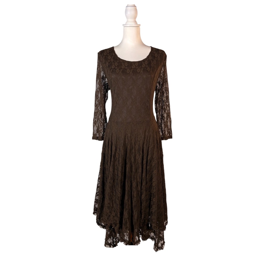 Back In The Saddle Brown‎ Lace Dress Women's L Western Boho Midi Cowgirl Chic